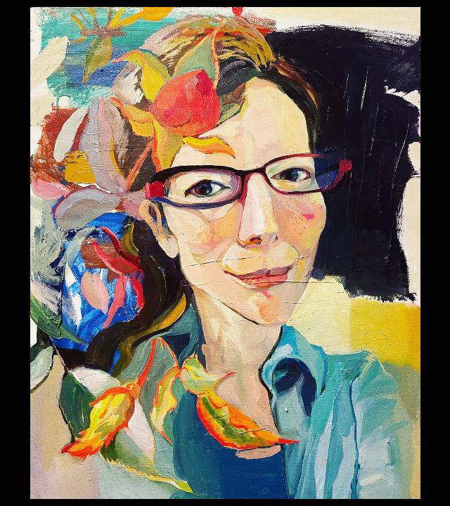 Impressionistic portrait of woman head-and-shoulders, black flowing hair, glasses, colorful flowers spilling off her side
