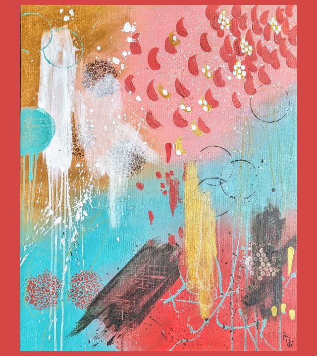 Abstract painting in bright shades of coral, turquoise, yellow, light brown, and black with curved shapes resembling wings