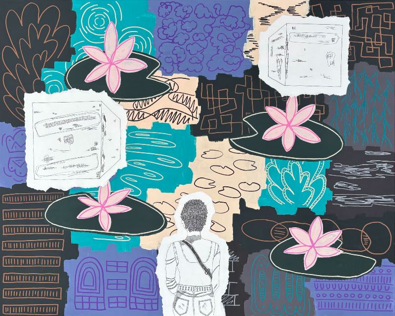 Abstract painting of water lilies in a pond overlaid with black and white drawings of household appliances and of a woman looking at the pond