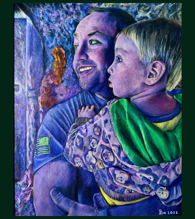 Drawing in vivid shades of purple of a smiling man holding a young child as they look out a window