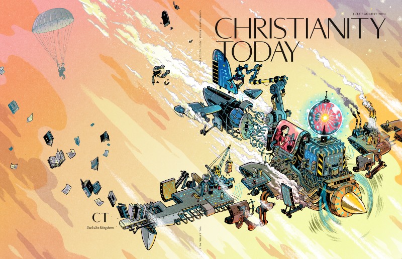 Drawing of a fantasy airplane assembled from many disparate odd parts, flying across an orange-streaked sky superimposed with the words Christianity Today