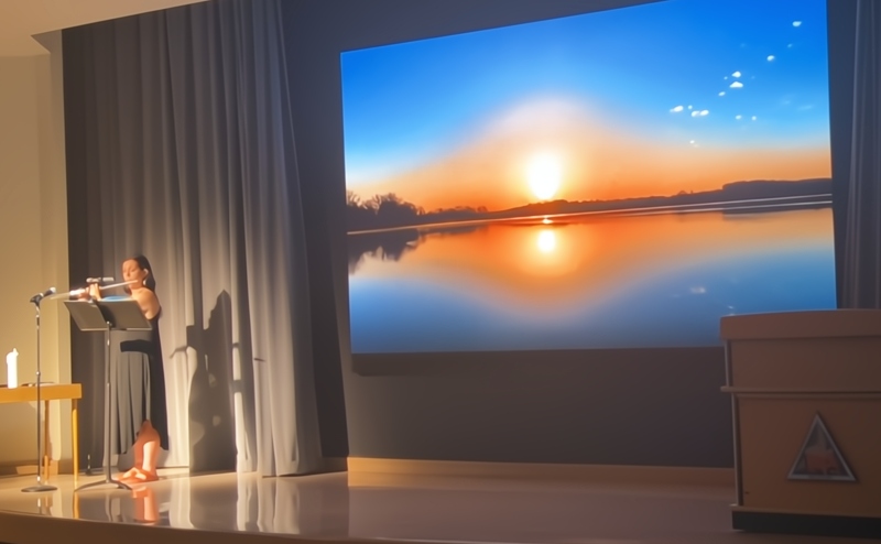 Photograph of a woman standing on a stage and playing a flute with a large photo in the background of a sunset over a body of water