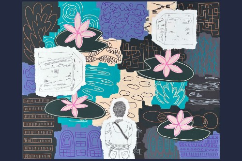 Abstract painting of water lilies in a pond overlaid with black and white drawings of household appliances and of a woman looking at the pond