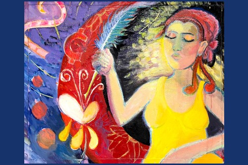 Painting in bright colors and semi-abstract style of a woman holding a feather pen, surrounded by crescent moons and flowers