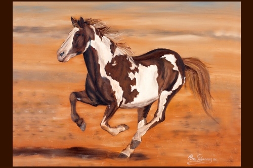 Painting of horse with brown and white markings galloping across field of red dirt