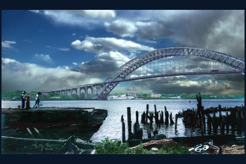 Art photograph of a steel arched bridge seen from the shore, with old boat and pier pilings in the foreground