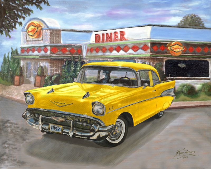 Realistic painting of bright yellow two-door hardtop car with 1950s-style retro diner in the background