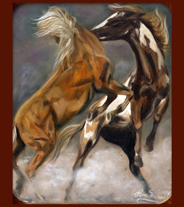 Painting of two horses rearing in close contact, one light brown, one dappled brown and white, cloud of dust kicked up at their feet