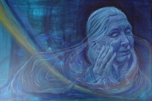 Impressionistic painting of old woman gently touching her face with her long hair and a rainbow of color sweeping out from her