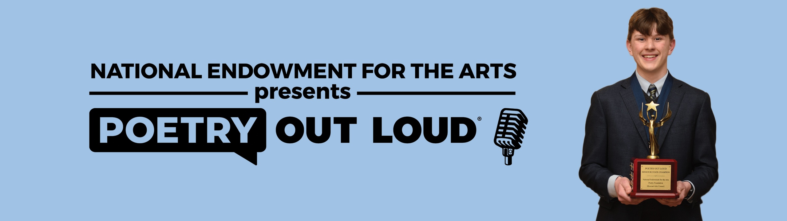 Photo of teenaged boy in navy blazer holding trophy, with text on image saying National Endowment of the Arts presents Poetry Out Loud