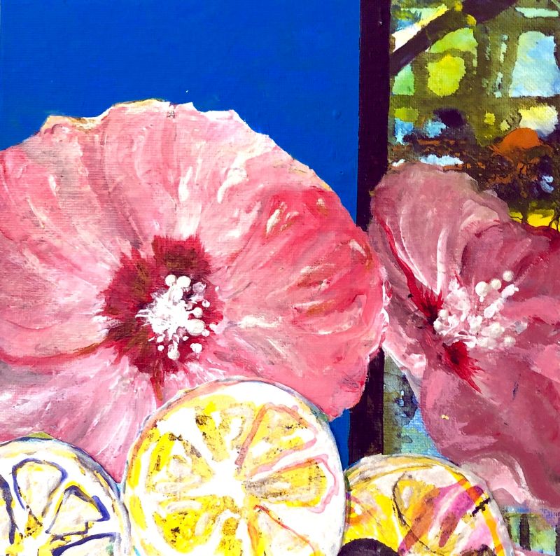 Painting of huge pink flowers and lemon slices against solid blue and multi-colored stained glass background