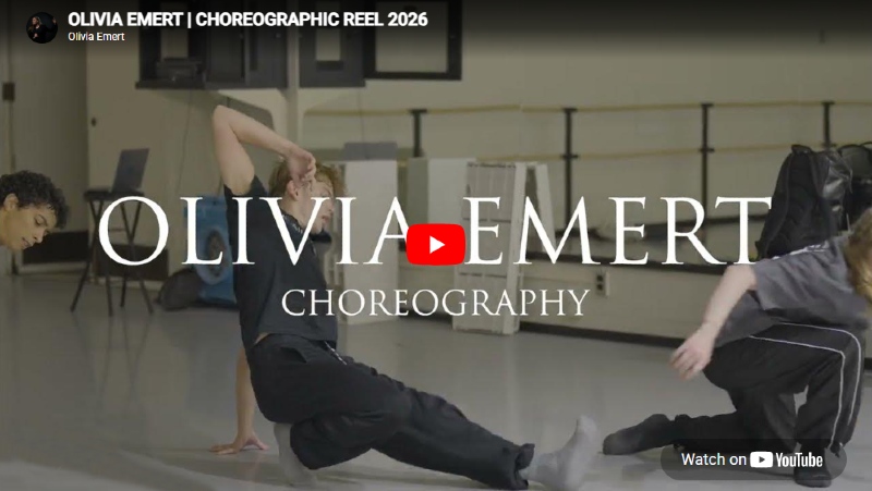 Photo of male dancer in rehearsal room overlaid with video symbol and text "Olivia Emert Choreography" and "Watch on YouTube"