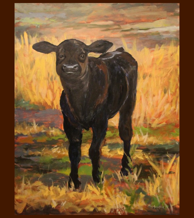 Impressionistic painting of close-up of small black calf looking straight at viewer, standing in field of tall grass