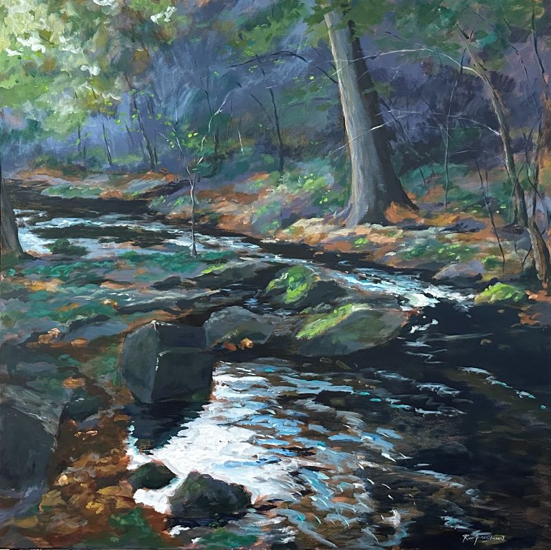 Impressionistic painting of stream in forest rushing past large rocks sticking up in the middle of the water