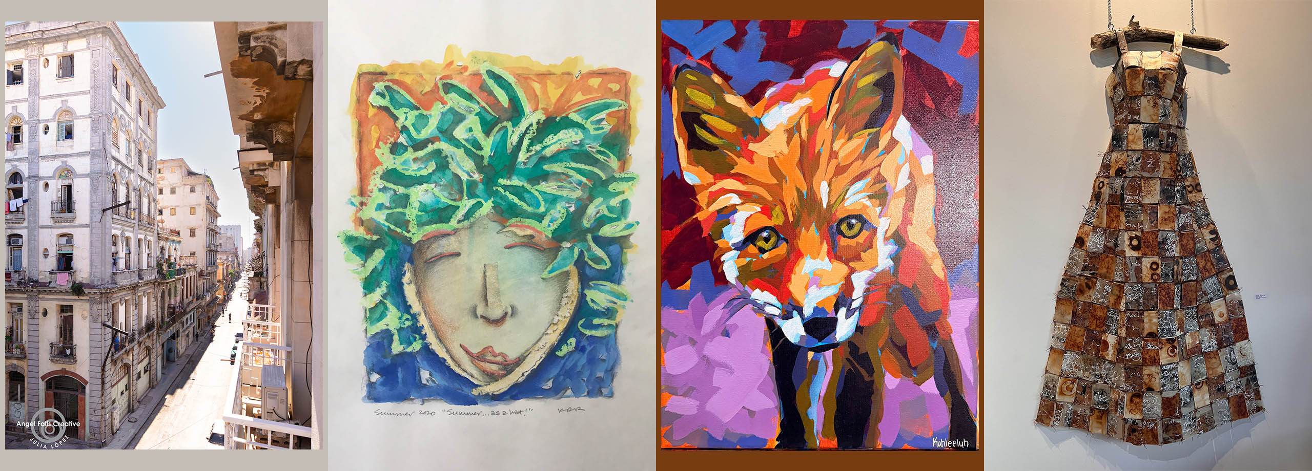 Missouri Featured Artists Program: Julia López , History in All the Walls, photograph | Kevin Dwight Richardson , Summer . . . as a hat! mixed media | Kayla Fisher, Quiet Watcher, acrylic on stretched canvas | Becky Stevens, Body Armor, fiber